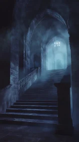 Gothic stone staircase in volumetric spectral fog at night.