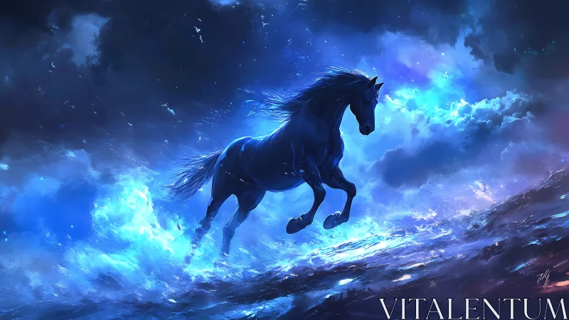 Blue horse silhouette moving through luminous cloud field.
