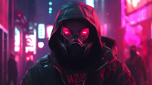 Cyberpunk hooded operative with neon gas mask silhouette.