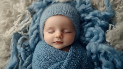 Sleeping newborn wrapped in blue knit textiles and bonnet