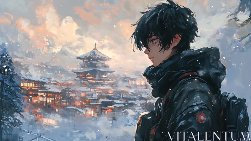 Snowlit wanderer above lantern-bright mountain town.