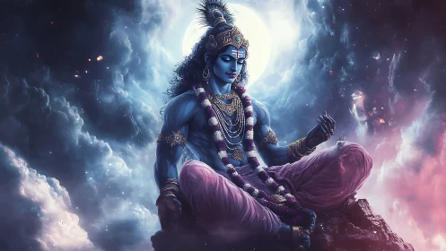 Celestial blue deity meditating beneath luminous full moon.