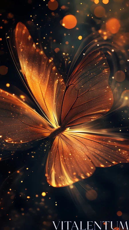 Emberwing butterfly drifting through molten midnight dust.