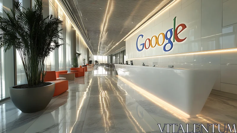 Sleek corporate lobby with glossy reception and logo wall.