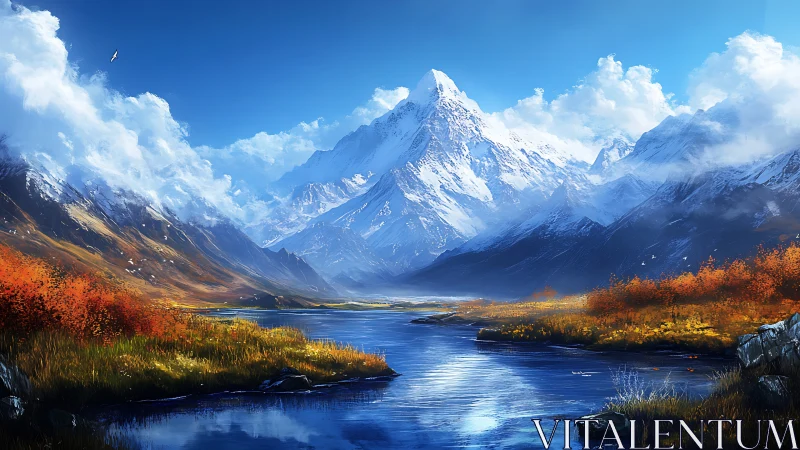 Snowy mountain range rises above river and autumn valley