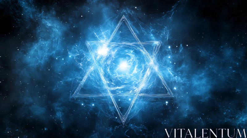 Starlit hexagram swirling in a deep electric blue cosmos.