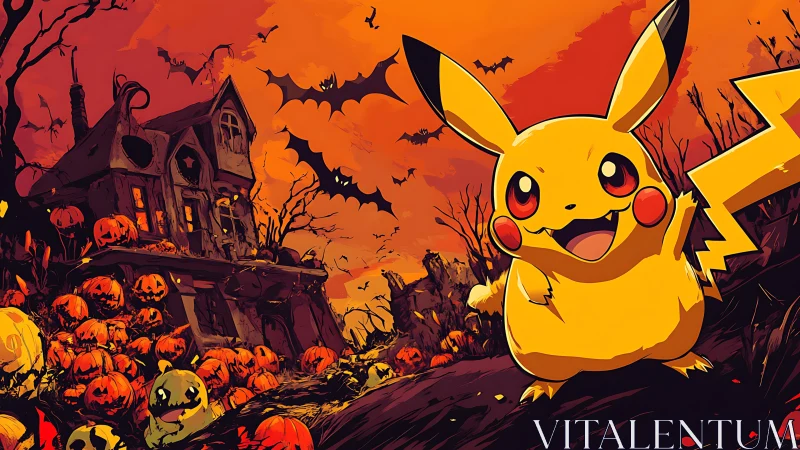 Pikachu stands before haunted house with pumpkins and bats