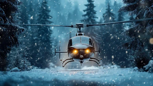 Rescue helicopter hovers low in a snowy twilight forest