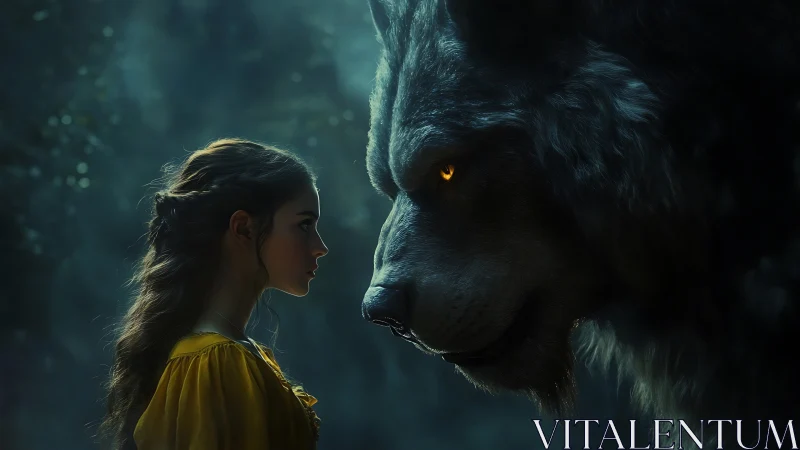 Girl in golden dress confronting colossal wolf in misted forest.