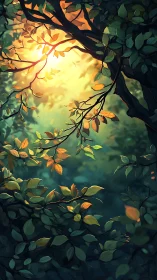 Backlit forest canopy with volumetric sun rays and layered foliage