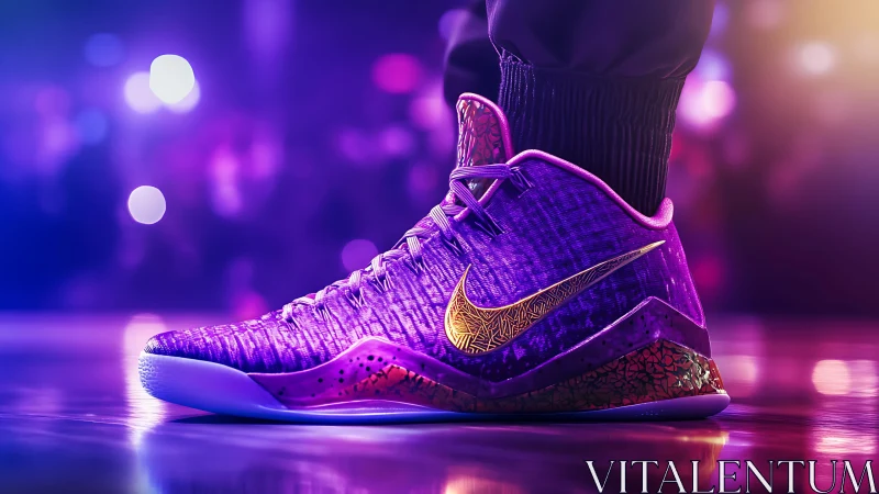 Iridescent basketball sneaker glows under neon arena lighting