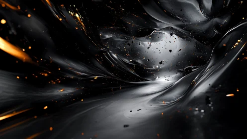 Metallic fluid tunnel with suspended glowing particles.