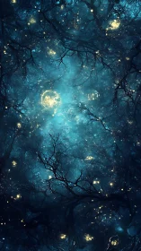 Bioluminescent forest canopy with swirling celestial blue haze