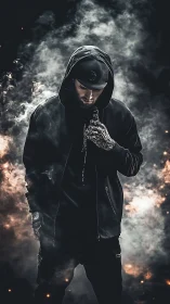 Hooded streetwear figure stands in dramatic swirling smoke