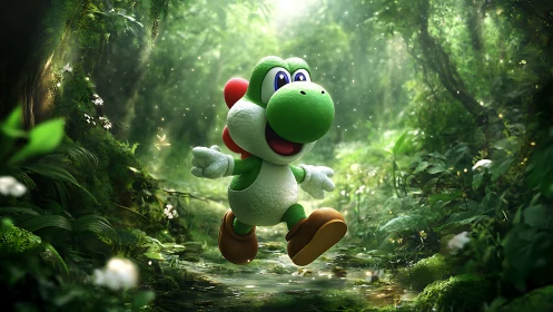 Yoshi Leaps Through Enchanted Forest Stream.