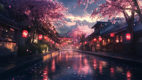Cherry blossom canal glows under lanterns at tranquil dusk