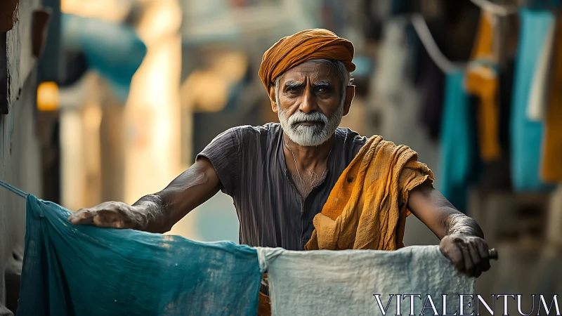 Elderly man hanging laundry in narrow sunlit alleyway.