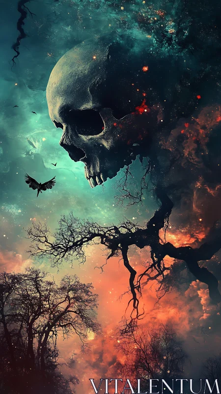 Colossal cosmic skull merges with nebula sky above barren forest
