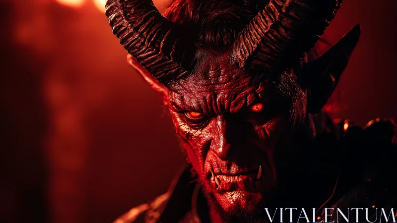 Intense red demon portrait with horns and glowing eyes.