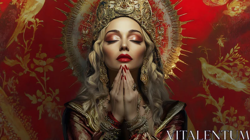 Golden crowned woman prays in radiant red icon glow