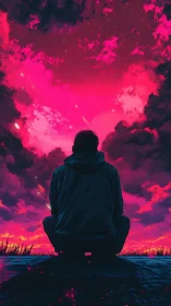 Solitary figure observing neon magenta celestial storm.