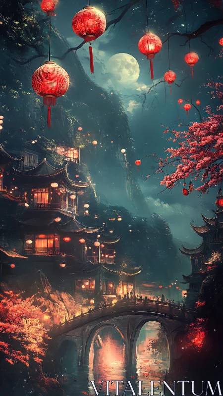 Red lantern bridge glows softly beneath an enchanted full moon