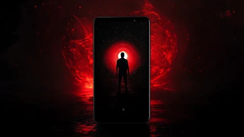 Silhouetted figure walks into a glowing red digital portal