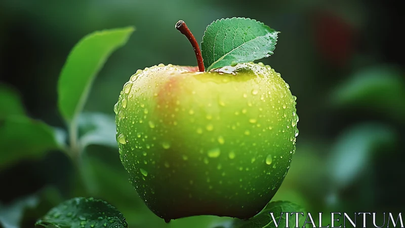 Macro study of dewy green apple on tree branch at sunrise