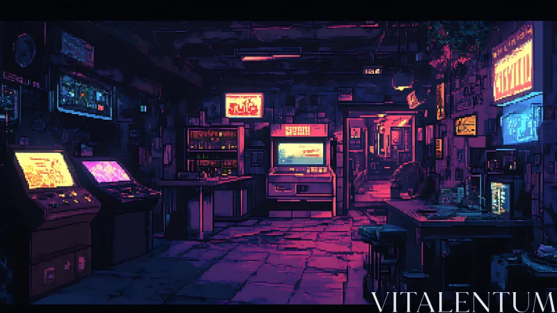 Pixel art interior depicts neon lit arcade and workshop room