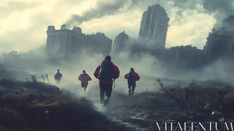 Scarlet runners crossing a fog-drowned fallen cityscape.