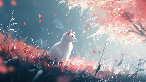 Luminous White Cat Amid Crimson Cherry Blossoms.