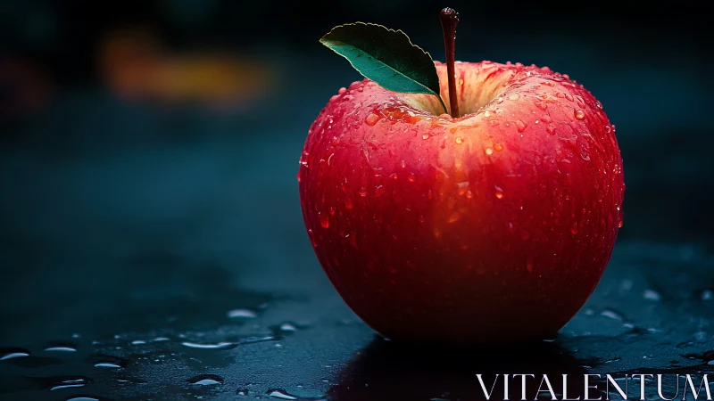 High-contrast macro of dewy red apple on dark surface.