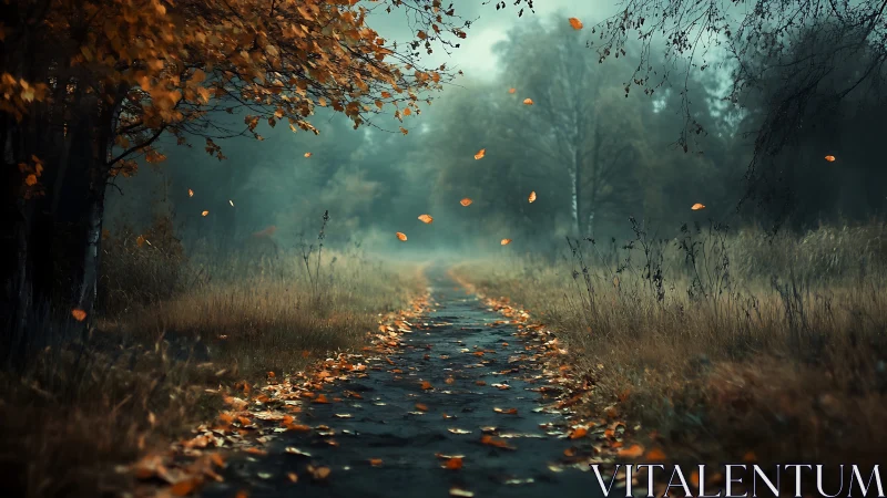 Foggy forest path with scattered autumn leaves in motion.