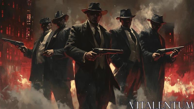 Five armed gangsters stand in smoky red city streets at night