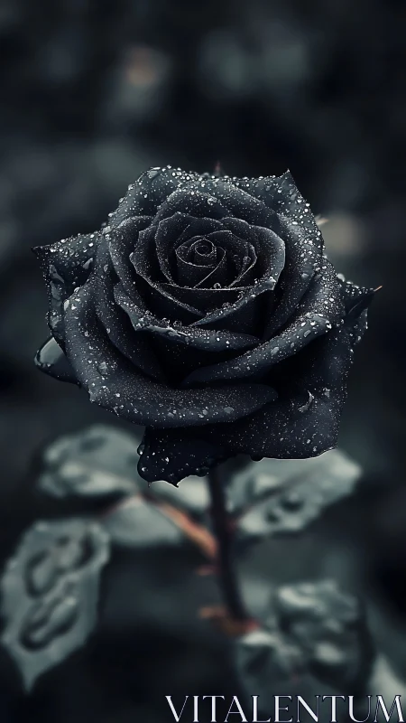 Midnight velvet rose glimmers under storm-kissed droplets.