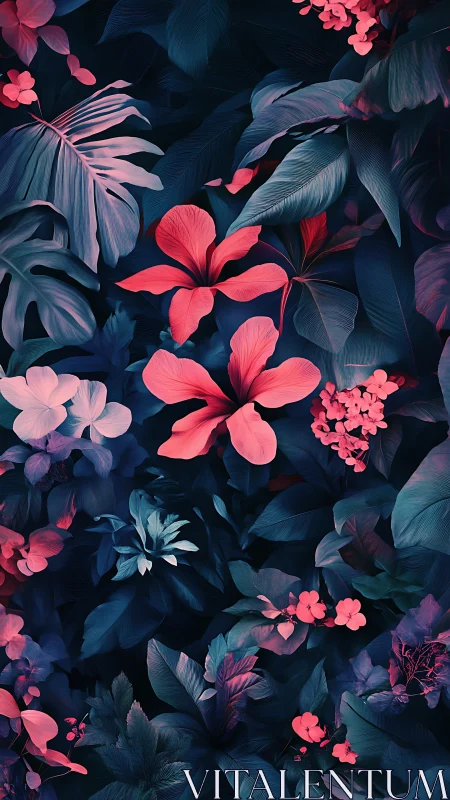 Illuminated botanical arrangement with contrasting neon and cool tones.