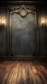 Golden paneled wall and warm wood floor in a cozy hall.