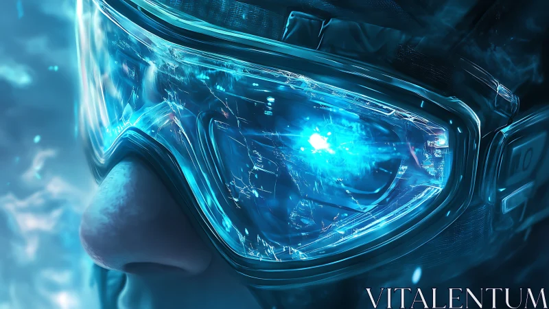 Close-up of illuminated goggles with blue digital reflection.