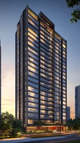 Modern high rise residential tower at dusk, lit windows.