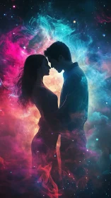 Two figures silhouetted against glowing cosmic energy and moon.