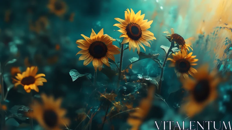 Sunflowers Against Teal Backdrop with Luminescent Bokeh.
