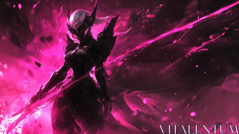 Armored void warrior channels magenta energy in dynamic vortex