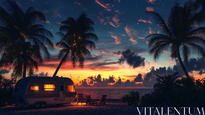 Sunset beach camper under glowing palm silhouettes at dusk.