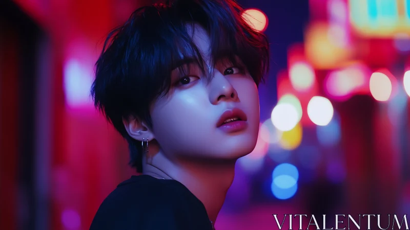 Portrait depicts young person in neon-lit urban night setting