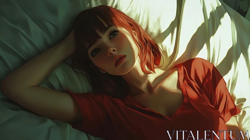 Soft morning light frames a resting red-haired woman.