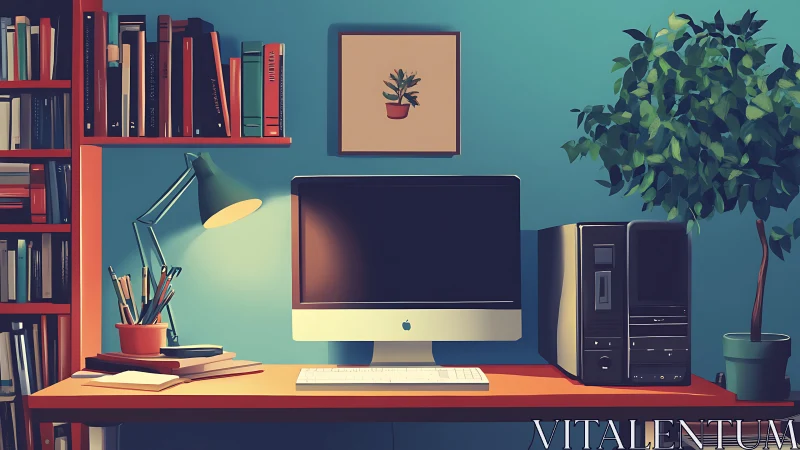 Cozy teal study den with glowing screen and patient plants.