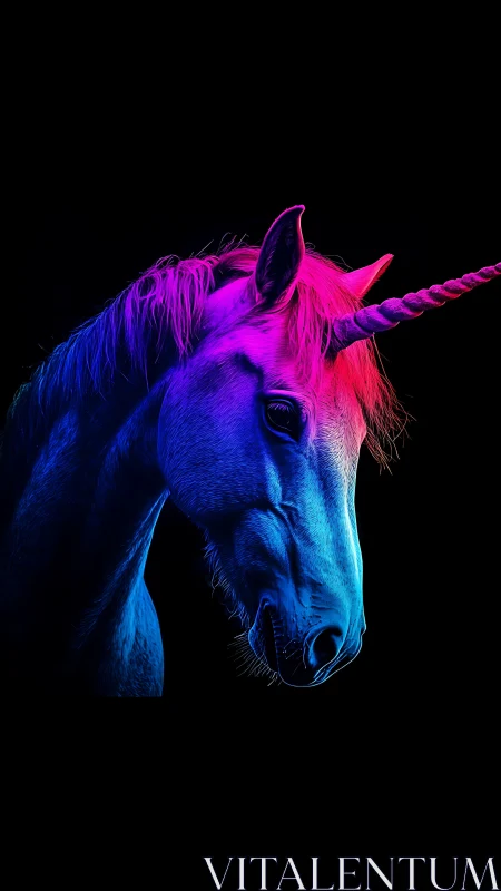 Neon-lit unicorn portrait renders chromatic rim lighting gradients