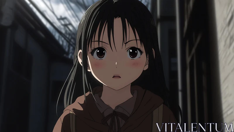 Urban alley anime portrait under diffuse overhead lighting.