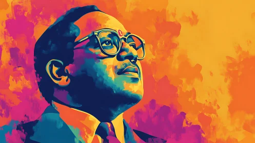 Vibrant multicolor portrait with upward gaze on warm field.