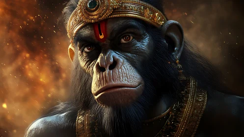 Digital render shows ornate simian figure in frontal view